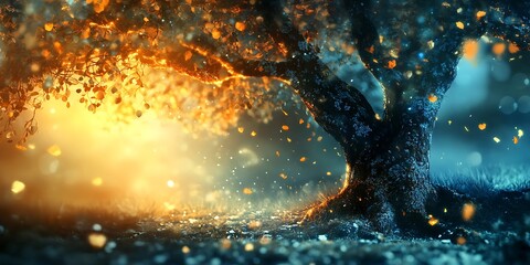 Wall Mural - mystical tree with golden lights and falling leaves