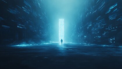 Aufkleber - A lone figure stands before a glowing door in a dark, digital landscape, evoking a sense of mystery and exploration in a futuristic environment.