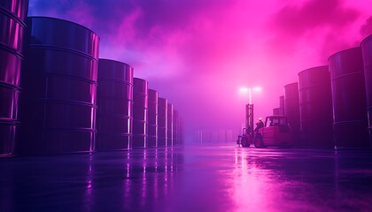 Leinwandbilder - A vibrant scene of barrels illuminated by colorful lights, creating a moody atmosphere in a dimly lit industrial setting.