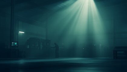 Poster - A dimly lit industrial space with shafts of light illuminating an empty area, creating a mysterious and atmospheric ambiance.