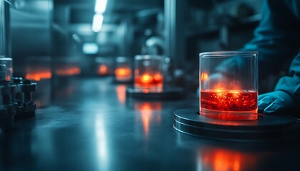 Poster - A dimly lit laboratory showcases glowing red liquids in glass containers, with a scientist wearing gloves handling one, suggesting a focus on experimentation.
