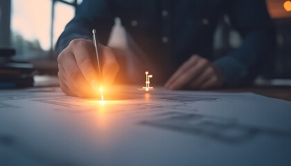 Aufkleber - A focused hand using a pen over a blueprint, illuminated by a soft glow, illustrating creativity and design in a cozy workspace environment.
