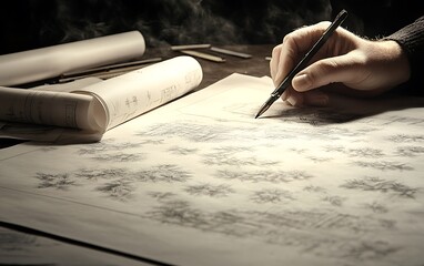 Fototapete - A hand writing on parchment, surrounded by scrolls, creating intricate designs or notes in a dimly lit environment.