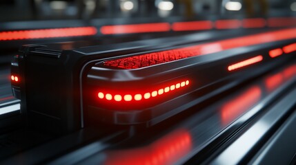 Fototapete - Futuristic black pod with red lights on a conveyor belt in a factory.