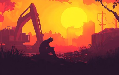 Aufkleber - A silhouette of a person sits on rubble against a vibrant sunset, with construction equipment and distant city buildings framing the scene.