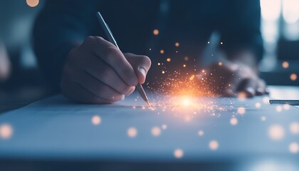 Aufkleber - A hand writing with a pen on paper, surrounded by glowing particles that suggest creativity or magic in the act of creation.