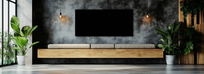 Aufkleber - Modern Industrial Living Room with Greenery and Elegant Minimalist Decor : Generative AI