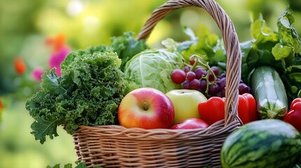 Poster - Basket with Assorted Fresh Vegetables and Fruits in Lush Garden Setting : Generative AI