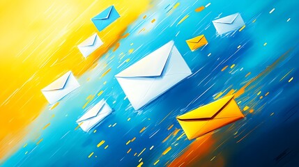 Poster - Colorful Abstract Digital Illustration of Flying Envelopes on Dynamic Blue and Yellow Background : Generative AI