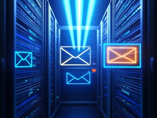 Aufkleber - Futuristic data center with glowing email icons and advanced networking technology : Generative AI