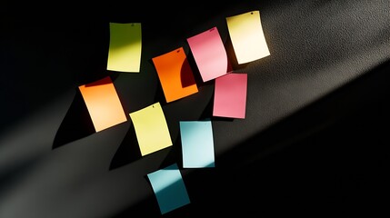 Aufkleber - Colorful Sticky Notes Arranged Creatively on a Dark Background with Strategic Light and Shadow Play : Generative AI