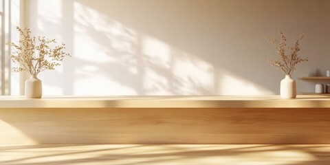 Empty beautiful wood tabletop counter on interior background, for display, Banner, product montage.Blank brown wooden counter table with shadow leaf on beige texture wallpaper wall luxury background