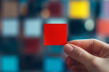 Aufkleber - Hand holding a red square card with colorful defocused geometric shapes in blurred background : Generative AI