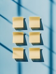 Poster - Abstract Arrangement of Six Yellow Sticky Notes on Blue Background with Shadows : Generative AI