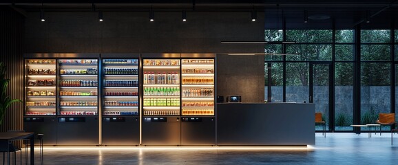 Aufkleber - Modern minimalist interior with a row of automated retail kiosks filled with products.