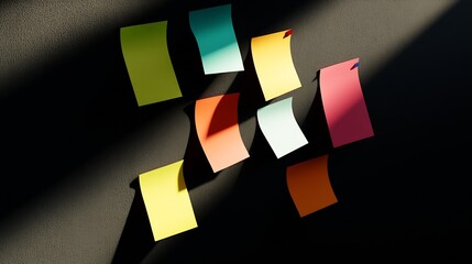 Aufkleber - Vibrant Sticky Notes Hanging in Subtle Light with Creative Pattern on a Dark Wall Surface : Generative AI
