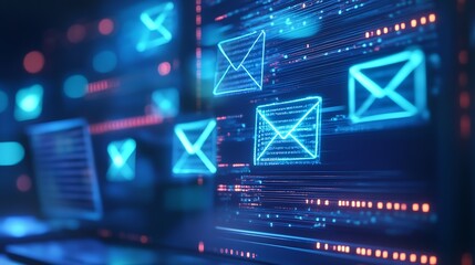 Poster - Futuristic Digital Communication Interface with Glowing Email Icons and High-Tech Features : Generative AI