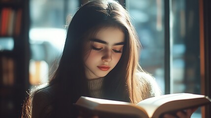 Poster - Serene Young Woman Deeply Engrossed in Reading a Book by the Window with Soft Natural Light : Generative AI