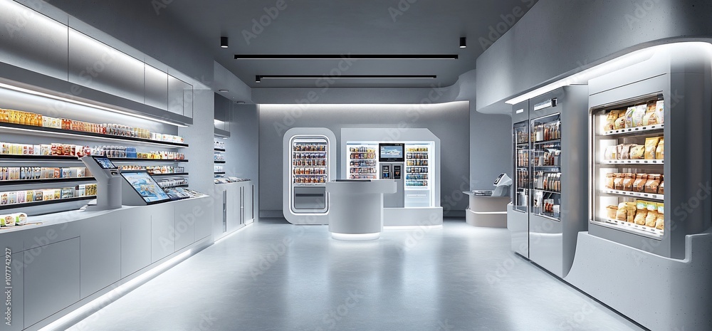 Modern, minimalist convenience store interior with white shelves ...