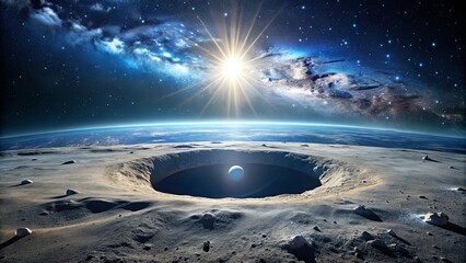 Wall Mural - a celestial vista with a bright star illuminating a distant planet, a crater on a celestial body, an