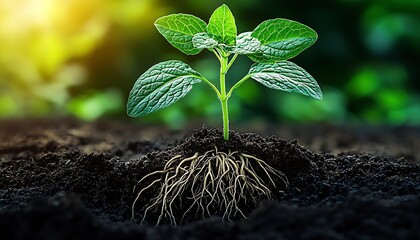 Aufkleber - Young Green Plant with Visible Roots in Healthy Soil Under Sunlight : Generative AI