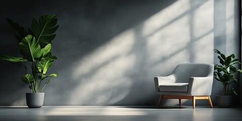 Poster - Elegant Minimalist Room with Sunlit Armchair and Vibrant Green Potted Plant : Generative AI
