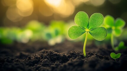 Poster - Vibrant Green Four Leaf Clover Emerging from Fertile Soil in Golden Sunlight : Generative AI