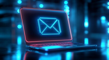 Aufkleber - Cyber Themed Laptop with Neon Email Icon and Enveloping Blue Ambient Light : Generative AI