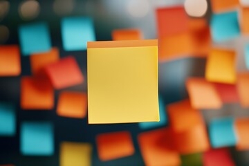 Aufkleber - Centrally Positioned Yellow Sticky Note on Multicolored Background for Artistic Office Decor : Generative AI