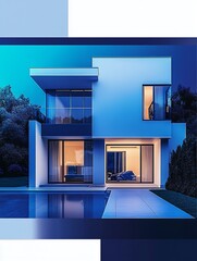 Poster - Stylish modern residence with geometric architecture and large reflective outdoor pool : Generative AI
