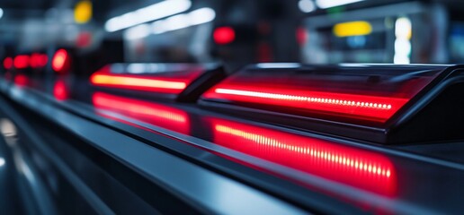 Aufkleber - Red LED lights illuminate the side of a moving walkway in a modern building.