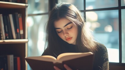 Poster - Thoughtful Young Woman Reading a Book by a Bright Window in a Cozy Study Room with Bookshelves : Generative AI