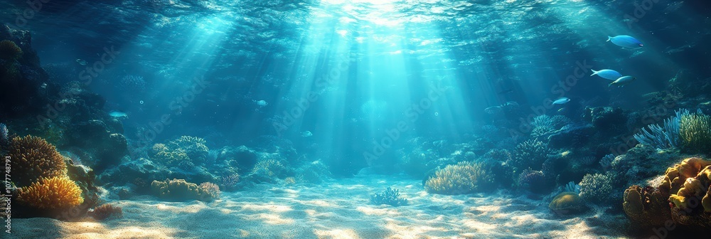 underwater scene with rays of light and sun, Underwater blue sea water ...