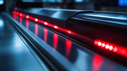 Aufkleber - Red safety lights on a moving walkway in a modern subway station.