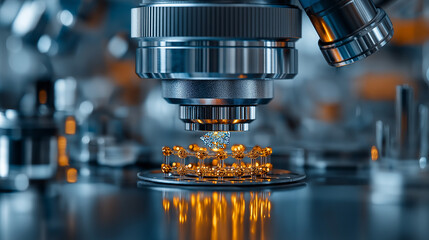 Poster - futuristic lab featuring quantum computer analyzing molecular structures under microscope, showcasing advanced technology and innovation