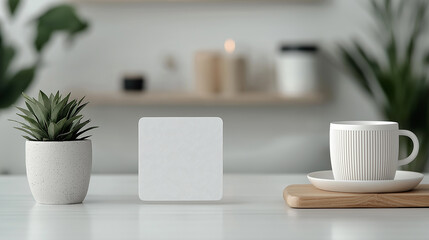 Aufkleber - Minimalist scene featuring blank square display, potted plant, and white cup on wooden tray, creating serene atmosphere