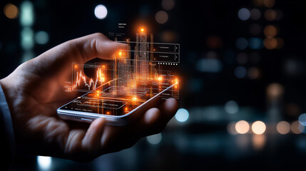 Poster - person holding smartphone displaying digital financial data and graphs, showcasing modern technology and analytics. scene is illuminated with vibrant lights