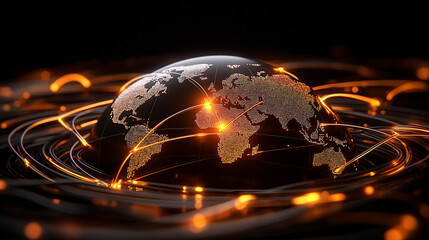 Poster - visual of globe with interconnected countries, showcasing global connectivity and technology. glowing lines represent data flow and communication across world