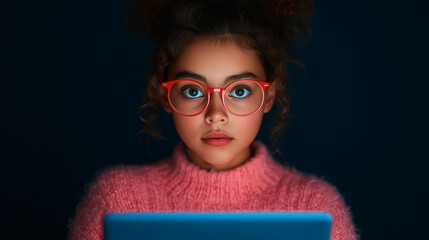 Poster - young girl with curly hair and red glasses is focused on tablet, showcasing curiosity and engagement in learning. warm lighting contrasts with dark background, enhancing her expression