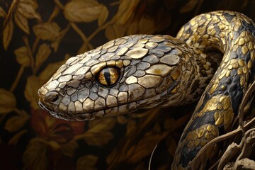 Wall Mural - Close-up of a Golden Snake with a  Yellow Eye