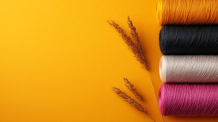 Poster - Colorful spools of thread arranged on vibrant yellow background, accompanied by dried grass. This showcases creative and artistic vibe, perfect for crafting enthusiasts