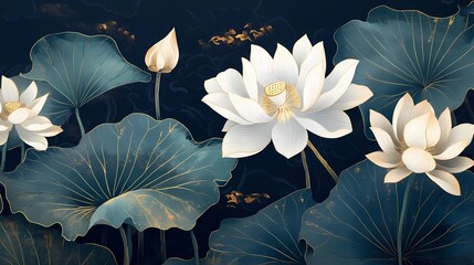 Wall Mural - Traditional Chinese golden line lotus illustration poster background
