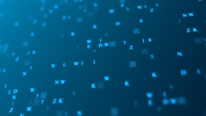 Poster - Blue glowing letters and numbers matrix abstract background, horizontal composition. Technology background.