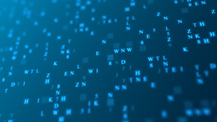 Poster - Blue glowing letters and numbers matrix abstract background, horizontal composition. Technology background.
