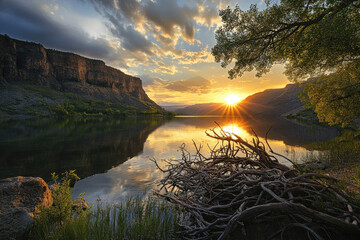 Wall Mural - Stunning sunset over a tranquil lake with reflections, surrounded by cliffs and trees, creating a serene and peaceful natural landscape.
