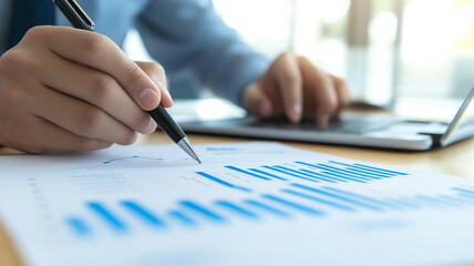 Poster - Business professional analyzing financial graphs and trends with a laptop at the office