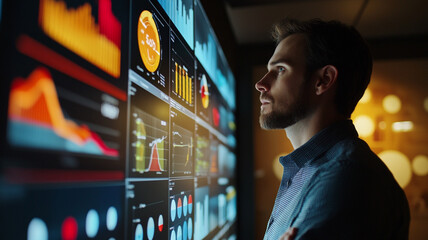 Poster - Business analyst reviewing data visualizations in a modern office during evening hours