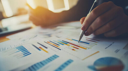 Poster - Analyzing business performance data with charts and graphs in a bright office setting