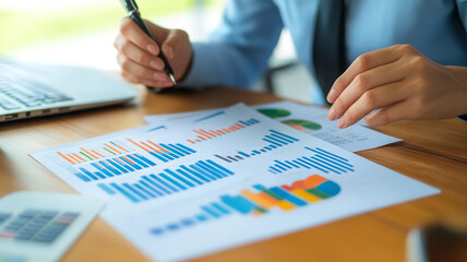 Poster - Analyzing business performance through charts and graphs at a workplace desk during office hours
