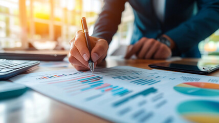 Poster - Business professional analyzing financial reports at a modern office in the afternoon